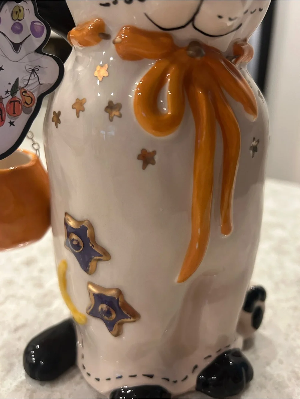 “New” Blue Sky Clayworks White Ceramic Cat with Orange Bow and Accents